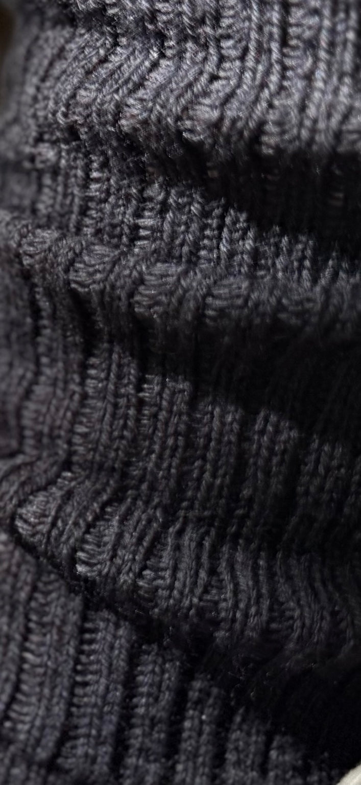 Close-up of the black merino sock's raised rib columns and knitted loops.